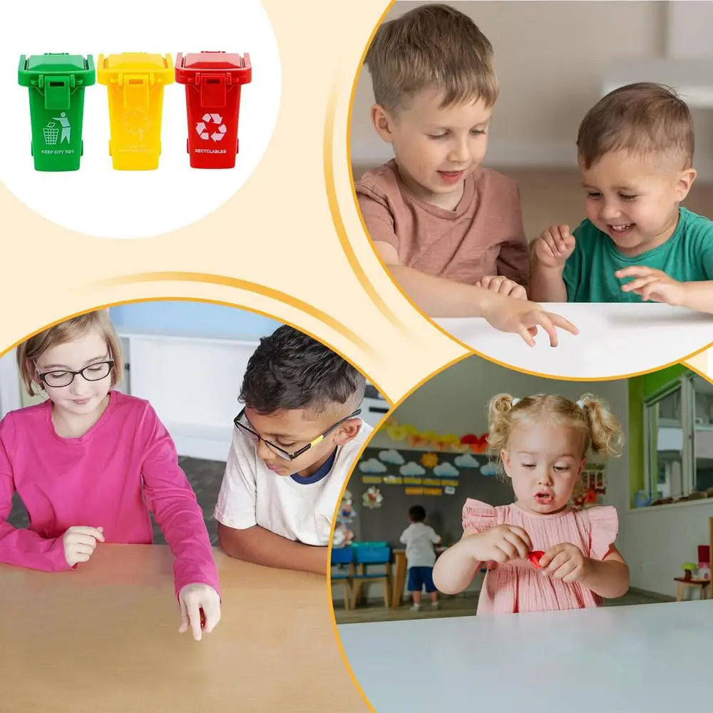 A set of three mini recycling truck toys in green, yellow, and red for children.