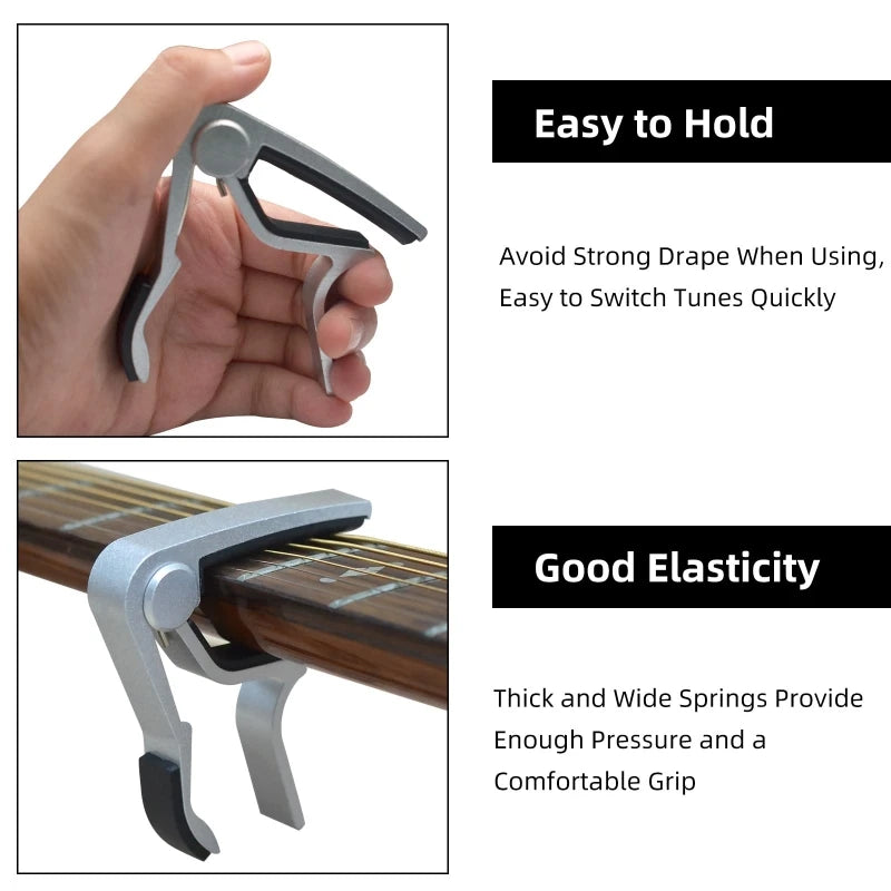 Close-up view of a metal guitar accessory clamp designed for easy holding and tuning.