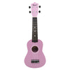 A pink ukulele with a light wood neck and accessories.