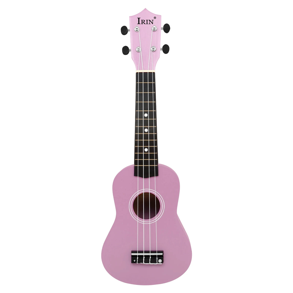 A pink ukulele with a light wood neck and accessories.