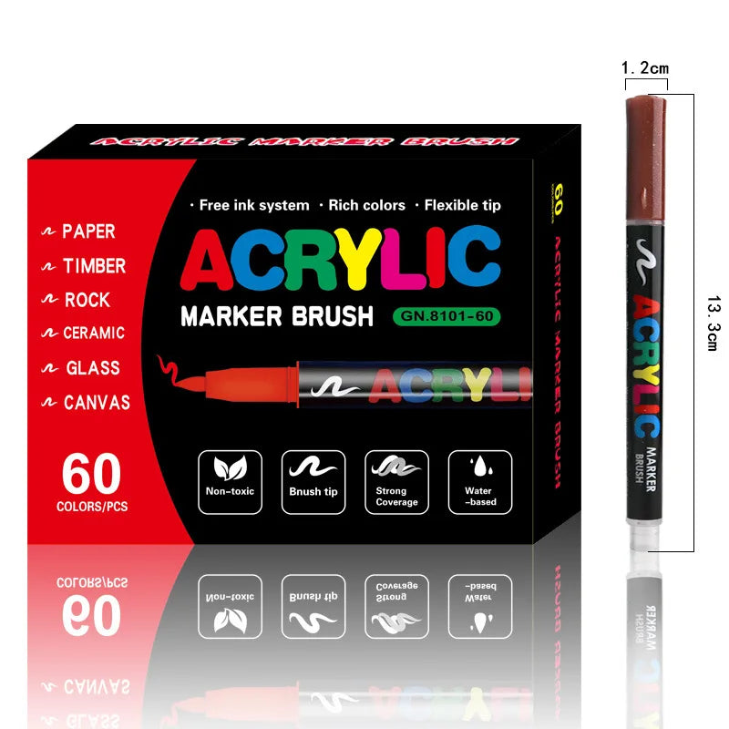 A set of acrylic marker brushes with flexible tips for various art materials like rock, stone, and ceramic.