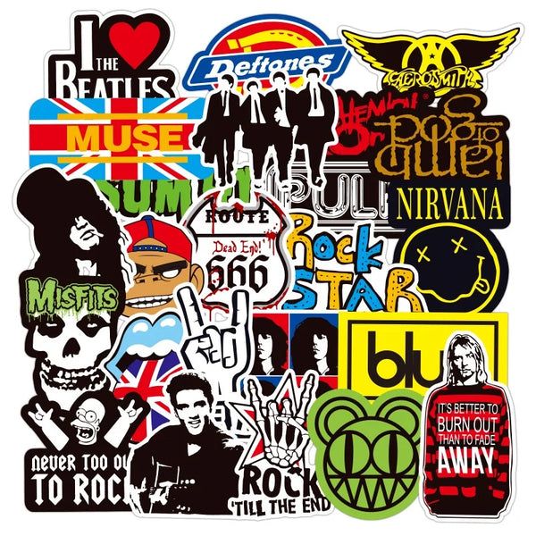 A collection of stickers featuring various rock and roll band logos, skulls, and musical symbols.