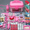 A pink kids doctor role play set featuring a medical trolley, stethoscope, and various toy medical instruments.