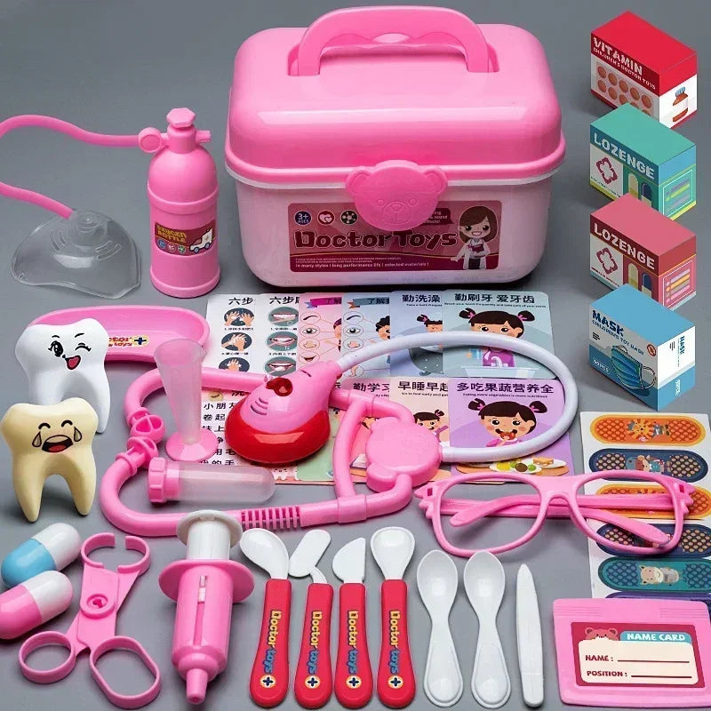 A pink kids doctor role play set featuring a medical trolley, stethoscope, and various toy medical instruments.