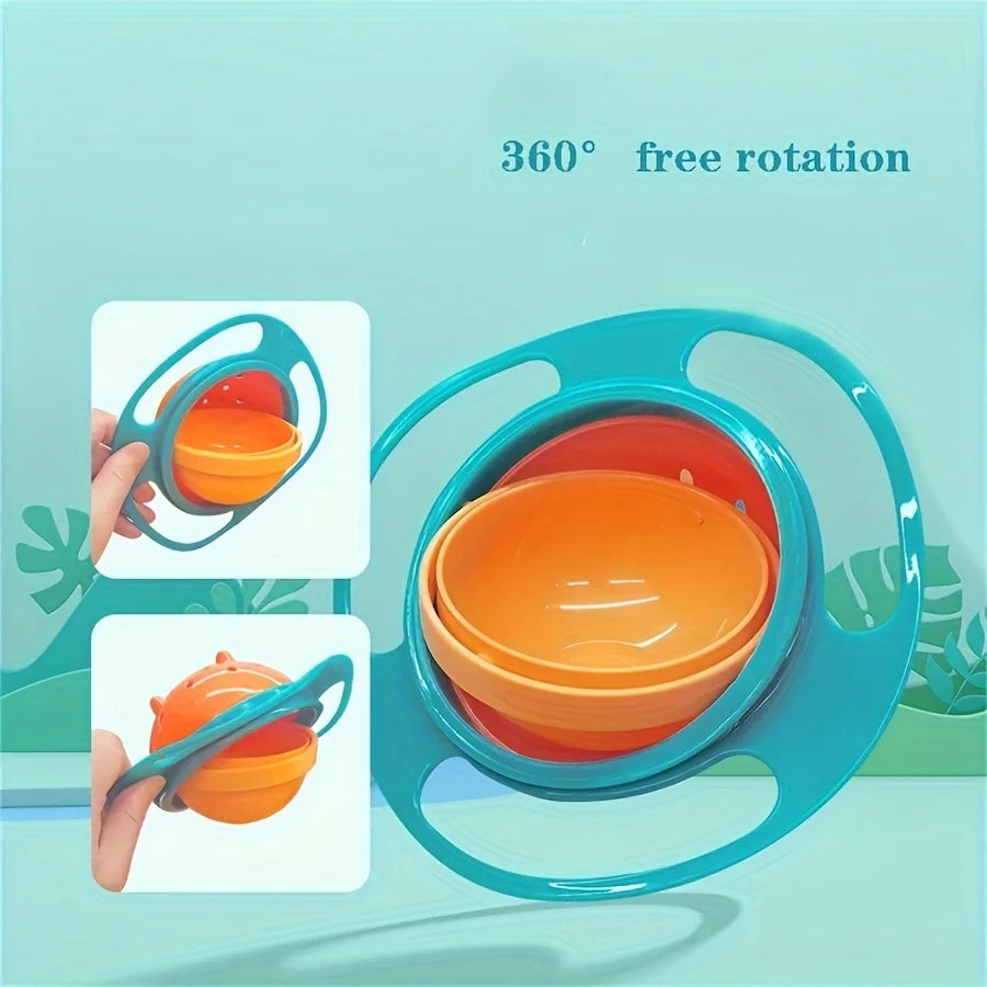 A turquoise gyro bowl with an orange lid is shown rotating freely, demonstrating its 360 degree rotation feature.