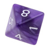 A purple acrylic polyhedral die showing the number eight.