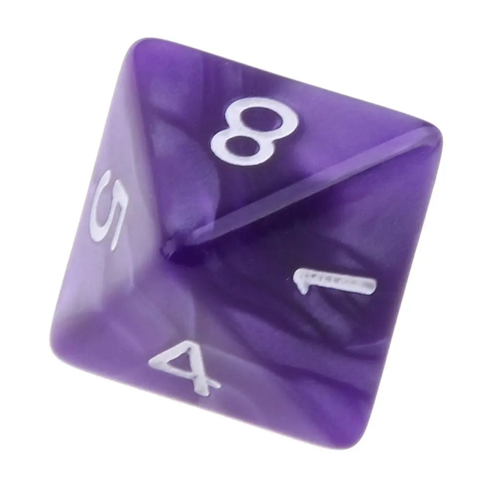 A purple acrylic polyhedral die showing the number eight.