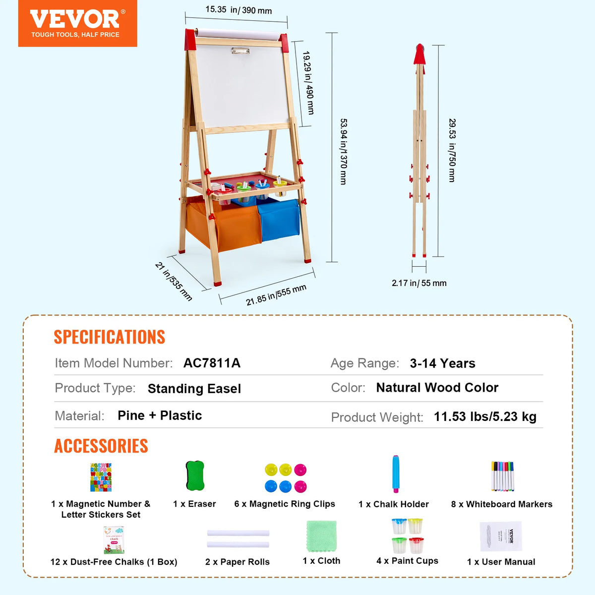 A wooden standing easel for children featuring a chalkboard and whiteboard with various accessories.