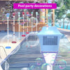 A blue automatic sunflower bubble machine is shown producing bubbles in an outdoor pool setting.