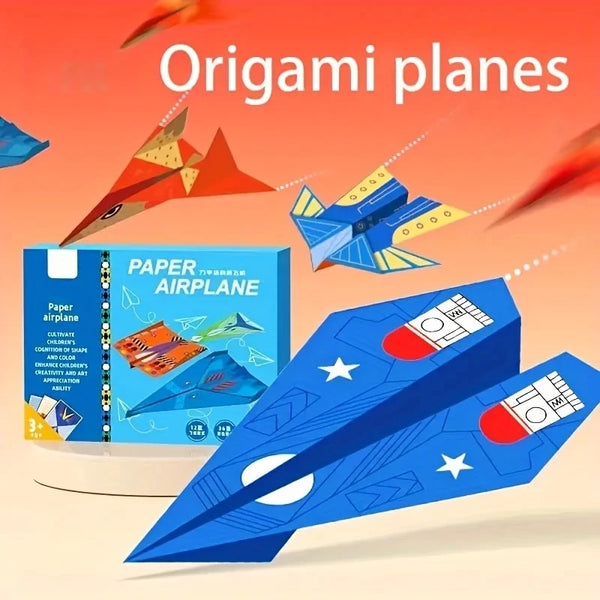 Un avión de papel papiroflexia azul junto a una caja de kits y otros aviones plegados.