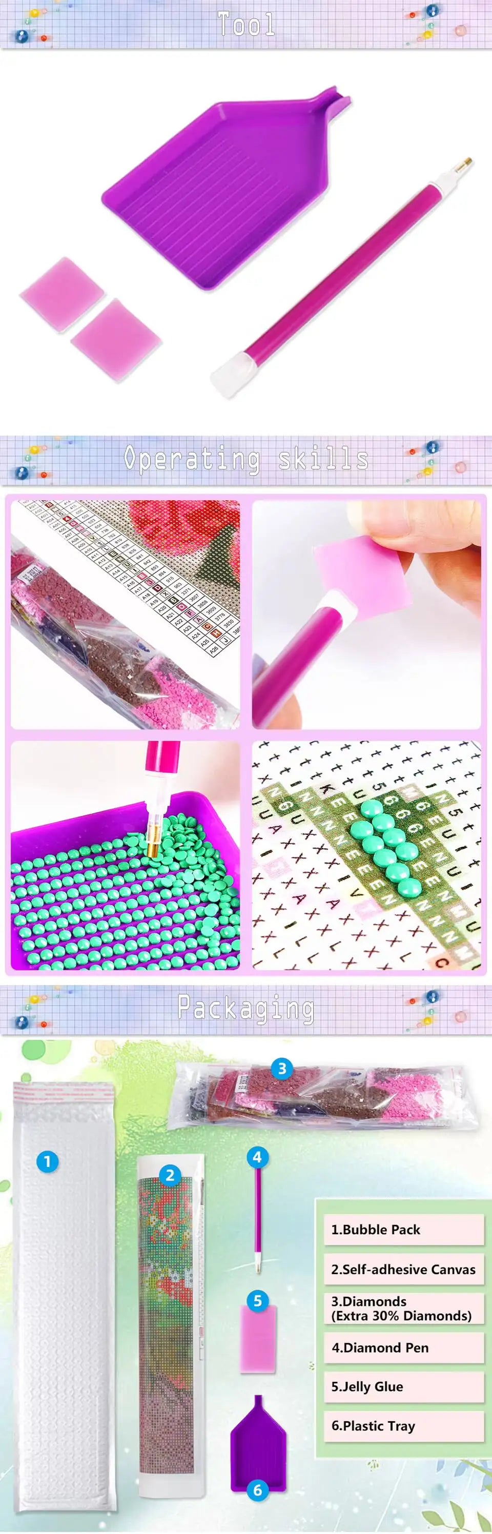 Diamond painting kit components including a purple tray, paint brush, canvas, and various beads for cross stitch art