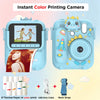 A blue instant color printing camera with a neck strap and USB data cable, showing various print options.