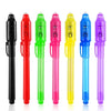 A set of invisible ink spy pens with UV light for writing secret messages in various colors.