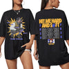 A black short-sleeved cotton t-shirt featuring a graphic design for the Hit Me Hard and Soft tour.