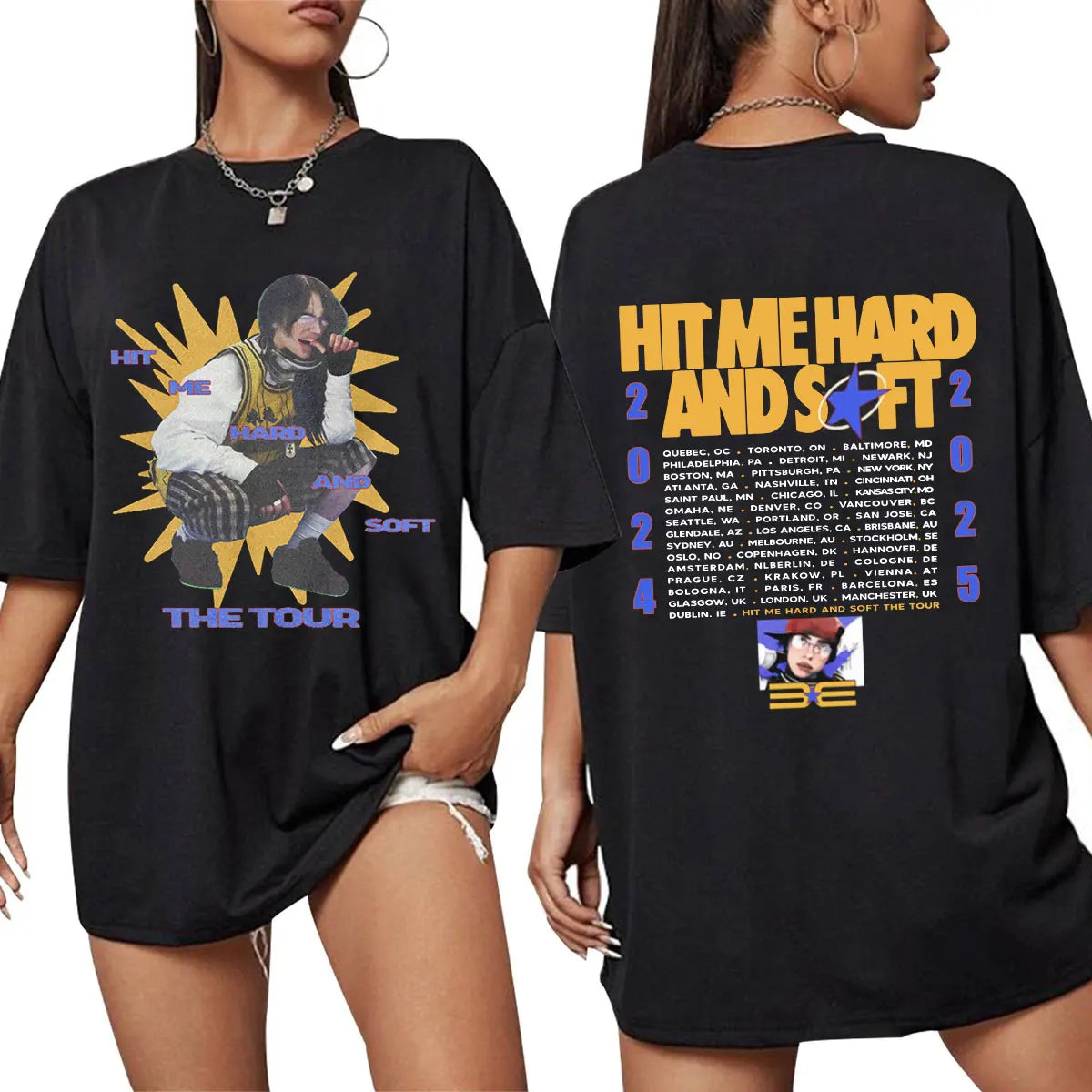 A black short-sleeved cotton t-shirt featuring a graphic design for the Hit Me Hard and Soft tour.