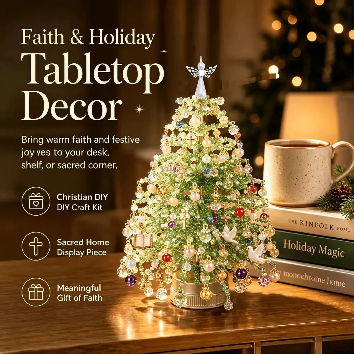 A festive, glittering Christmas tree made of beads and crystals used for holiday decor.
