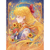 A vibrant illustration of a cartoon girl with long blonde hair surrounded by flowers and framed by ornate gold lines.