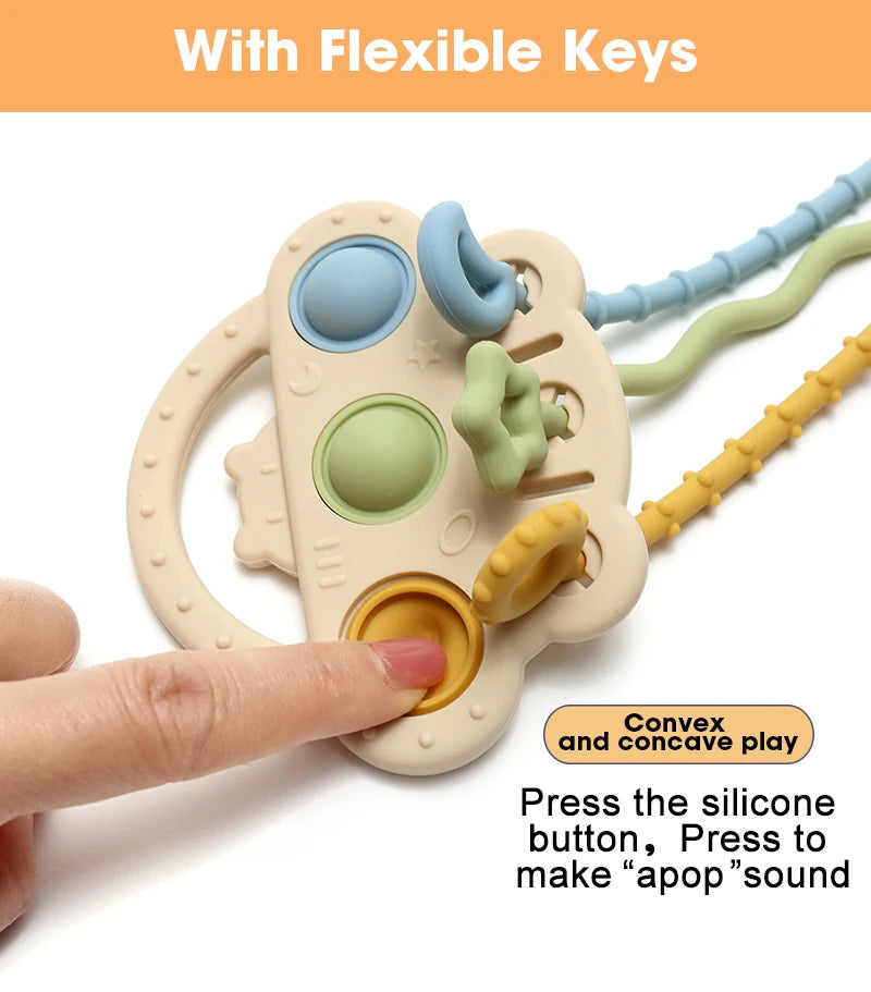 Bear Silicone Teether with Textured Pull String for Babies