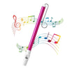 A pink slide whistle musical toy with a silver clip and a white base, set against a background of colorful musical notes.