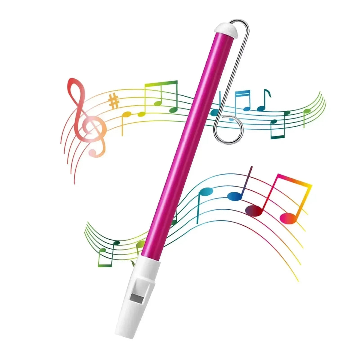 A pink slide whistle musical toy with a silver clip and a white base, set against a background of colorful musical notes.