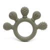 A silicone baby teether with chew beads shaped like animals, in a muted green color.