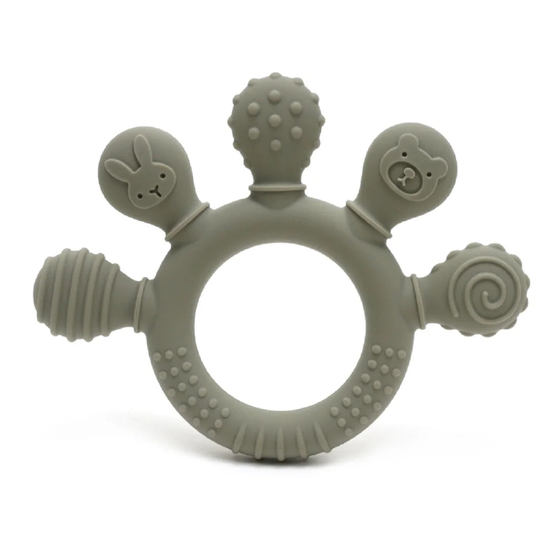 A silicone baby teether with chew beads shaped like animals, in a muted green color.