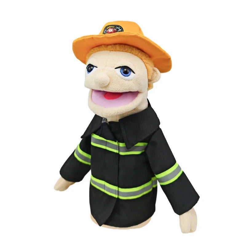 An orange-hatted plush hand puppet with a smiling face wearing a black coat with neon green stripes.