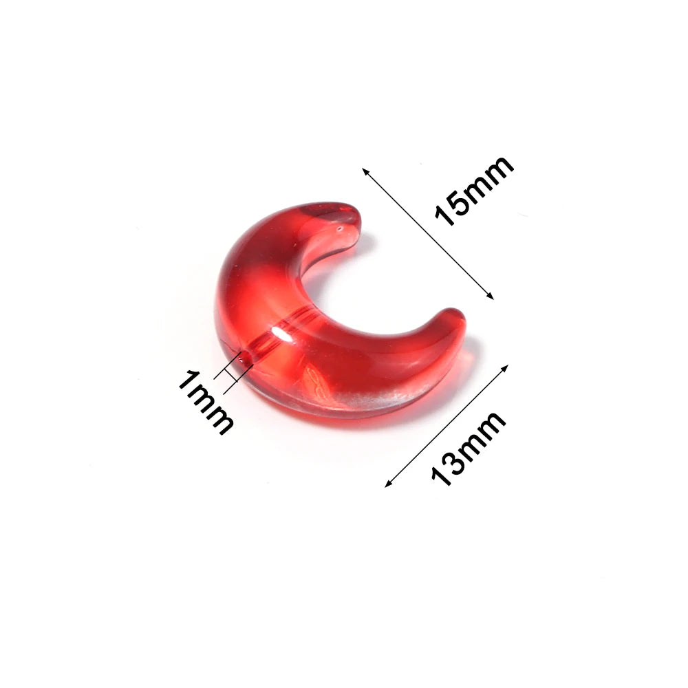 A red, crescent-shaped glass bead with dimensions 15mm long and 13mm wide.