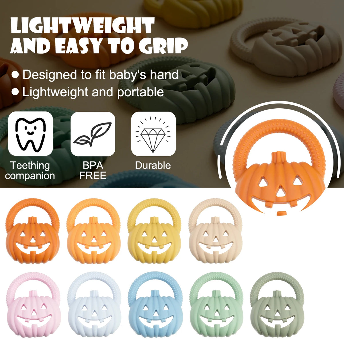 A variety of silicone pumpkin baby teethers in various colors including orange, yellow, pink, blue, and green are shown.