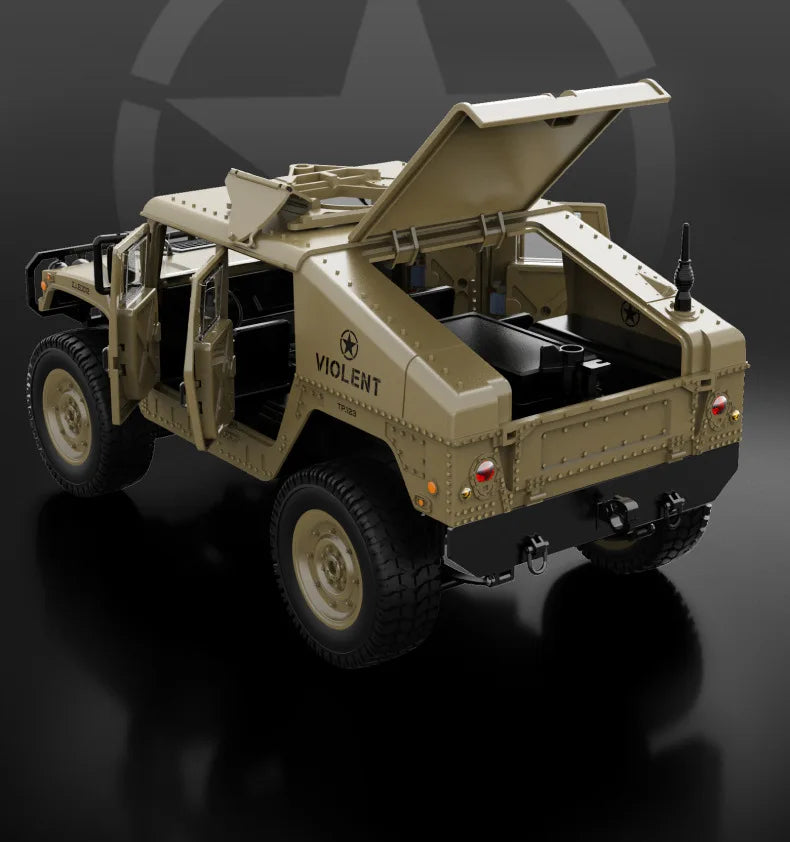A tan 1:12 scale RC off-road climbing vehicle with a raised cargo bed and rugged tires.
