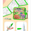 A set of water painting tools and a drawing book showing steps for creating art.