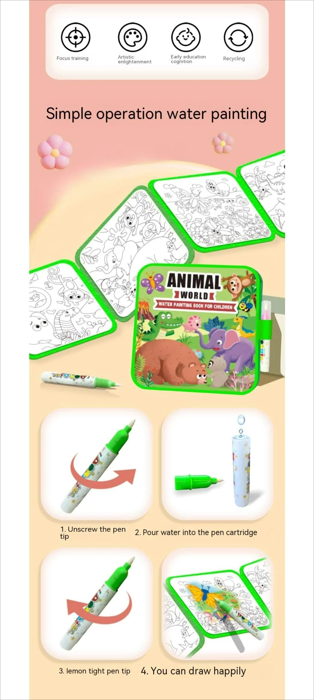 A set of water painting tools and a drawing book showing steps for creating art.