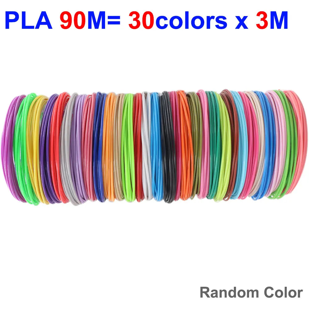A bundle of 30 multi-colored PLA filaments in various shades of green, blue, pink, and black.