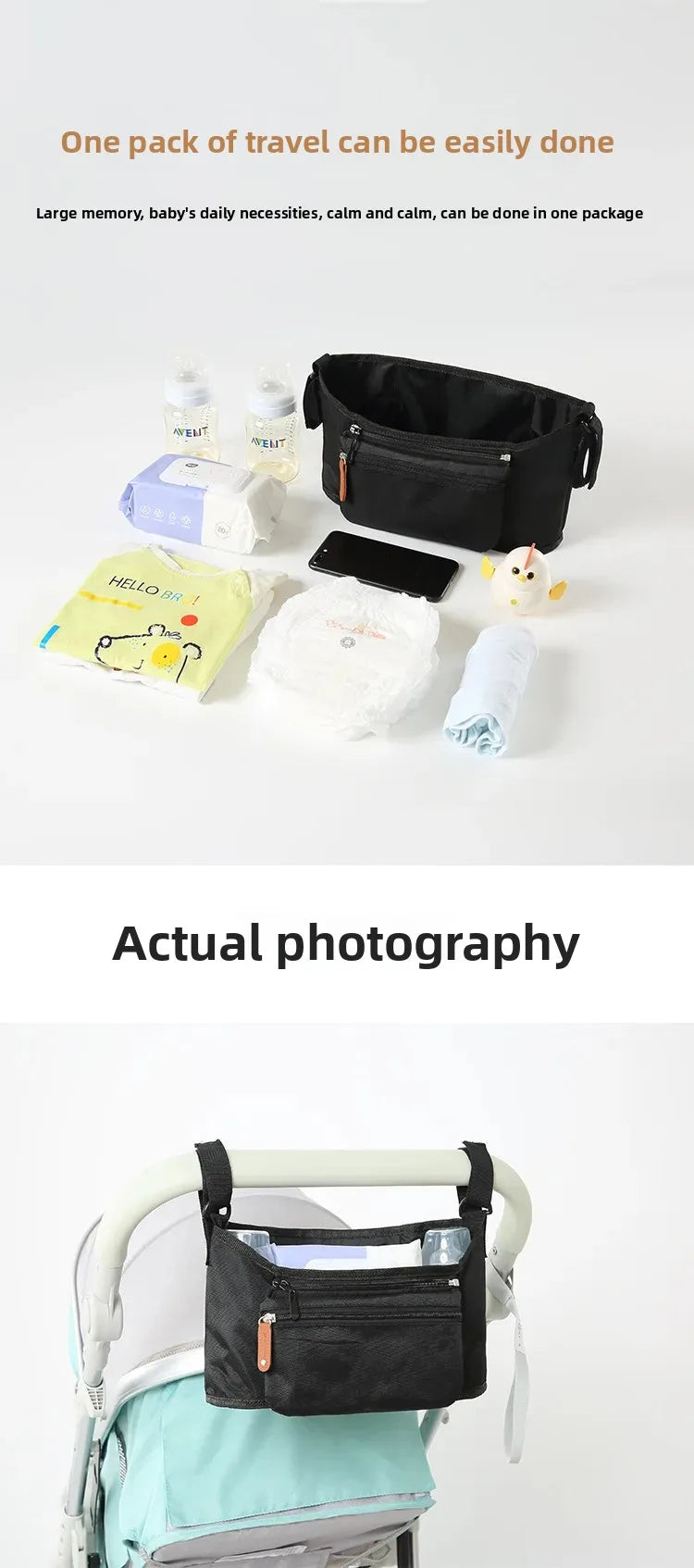 A black travel organizer bag is shown open, containing baby necessities like wipes, a small toy, and other items.