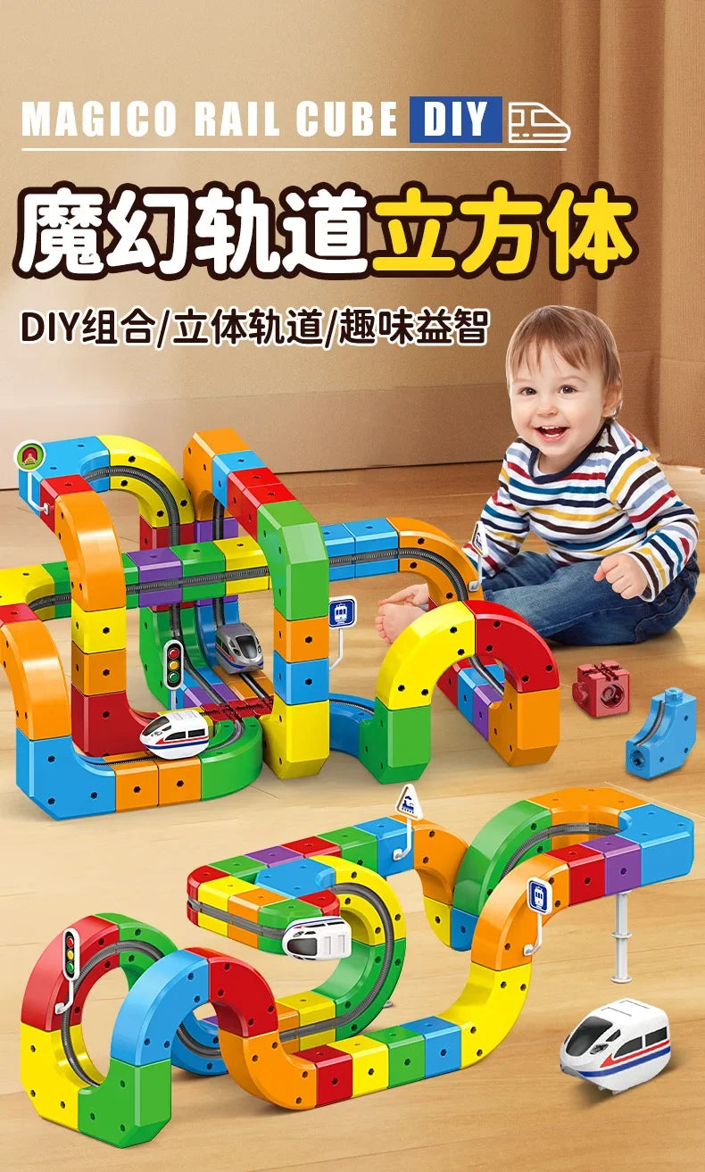 A colorful DIY magic rail cube train set made of interlocking blocks, featuring various colored tracks and a miniature train.