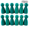 A set of twelve wooden game pawns in various shades of teal and green.