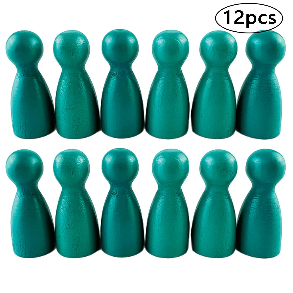 A set of twelve wooden game pawns in various shades of teal and green.