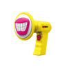 Yellow kids voice changer toy with a pink mouth and red switch.