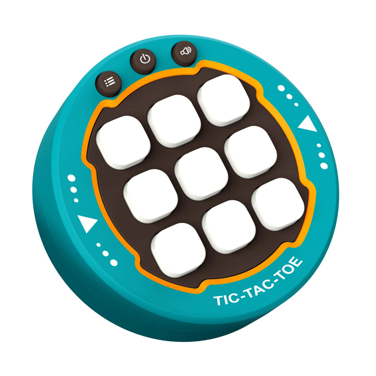 A teal portable tic tac toe game with black buttons and a dark brown grid of white discs.