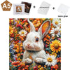 A wooden jigsaw puzzle shaped like a rabbit, featuring detailed floral and natural elements.