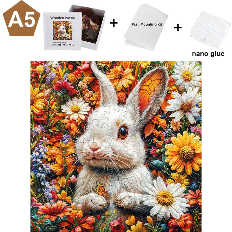 A wooden jigsaw puzzle shaped like a rabbit, featuring detailed floral and natural elements.