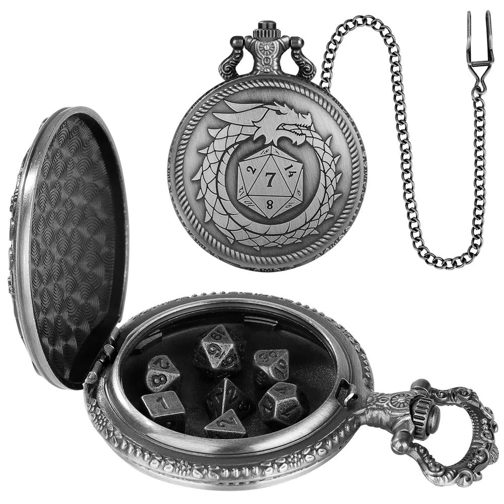 A steampunk dragon pocket watch dice case with a silver metal body and a chain, open to reveal seven small dice inside.