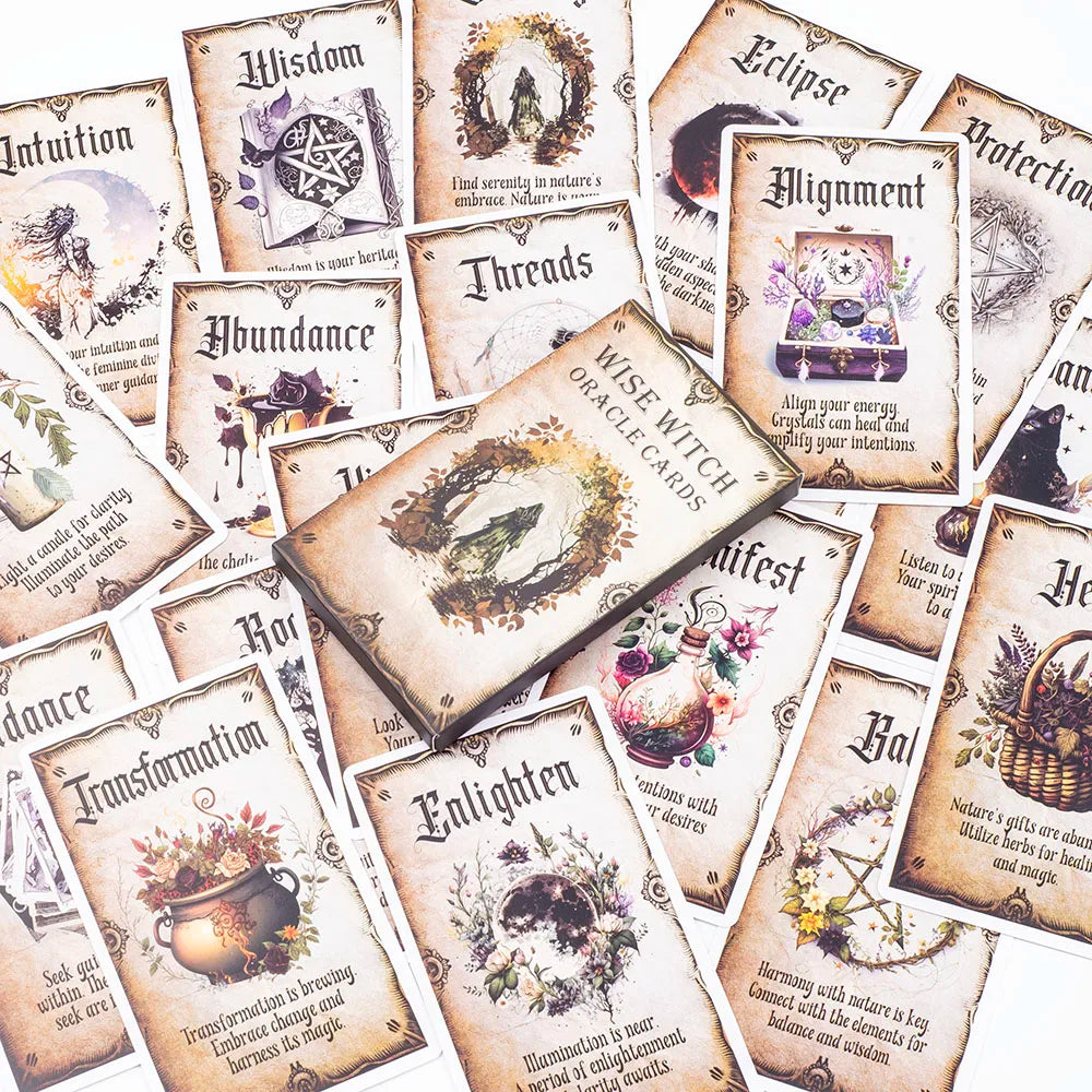 A collection of 20 Wise Witch Oracle Cards featuring various mystical symbols and illustrations.