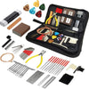 A black tool kit for guitar repair and maintenance, including various tools like picks, files, and pliers.