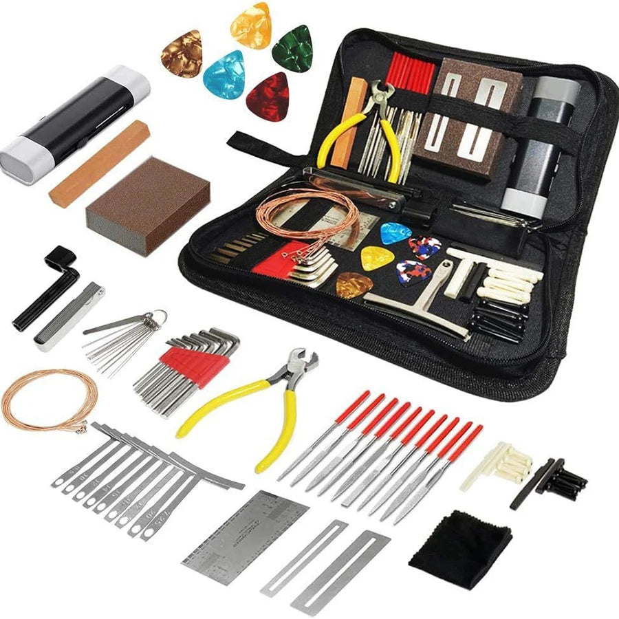 A black tool kit for guitar repair and maintenance, including various tools like picks, files, and pliers.