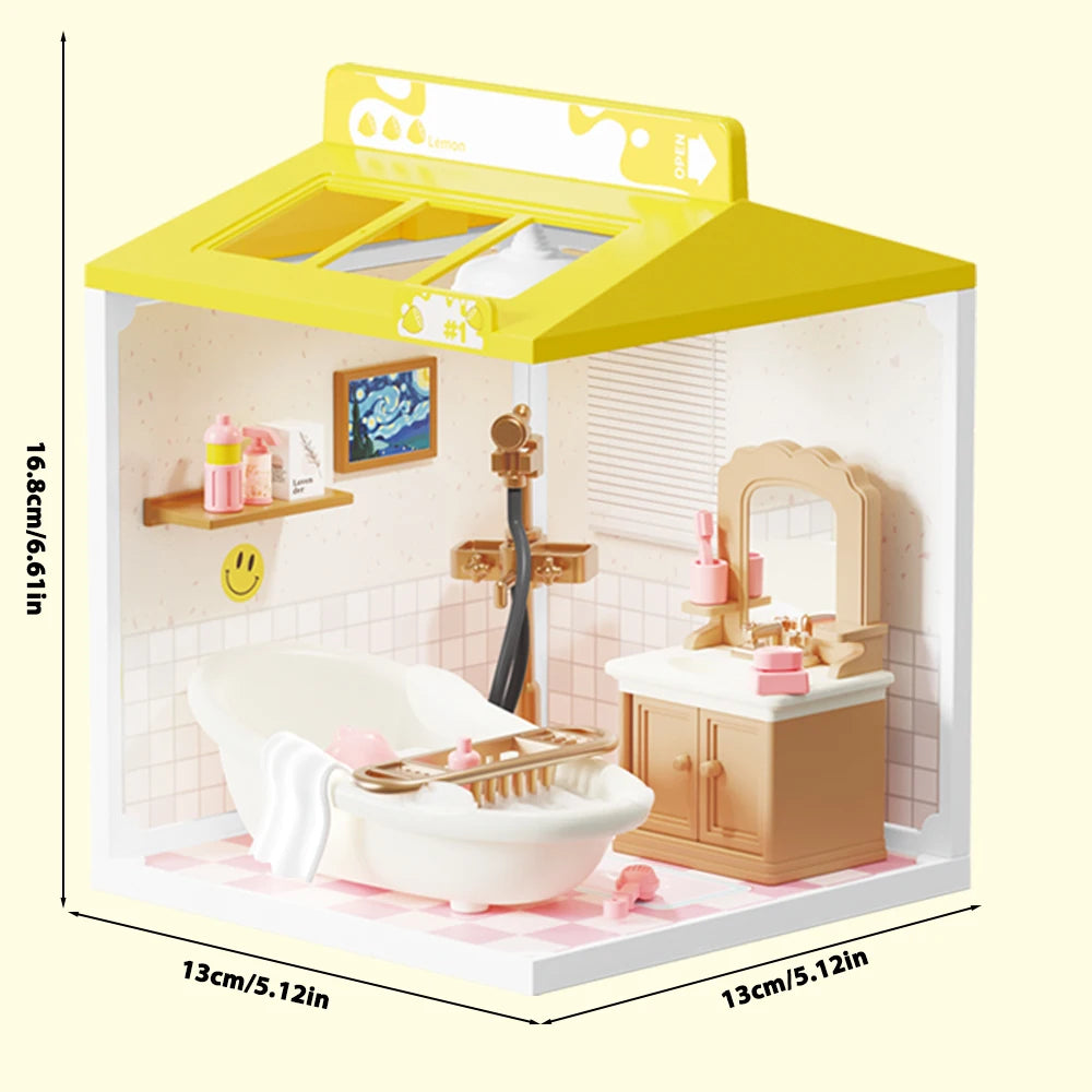A miniature DIY dollhouse featuring a bathroom and vanity area with wooden furniture and accessories.