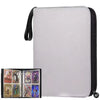 A silver-gray PU leather card binder with a black zipper and a black strap, showing the interior pages.