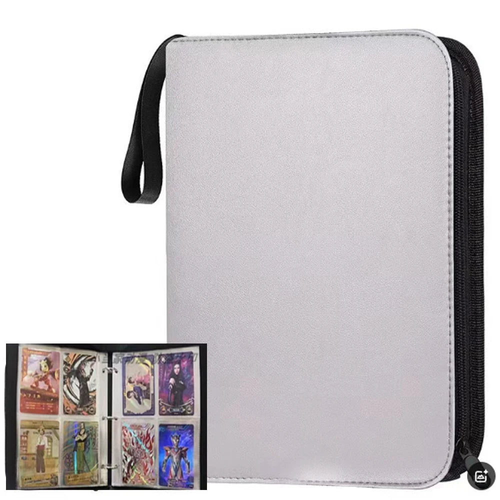 A silver-gray PU leather card binder with a black zipper and a black strap, showing the interior pages.