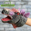 A realistic soft toy hand puppet of a Tyrannosaurus Rex dinosaur head with purple and gray scales.