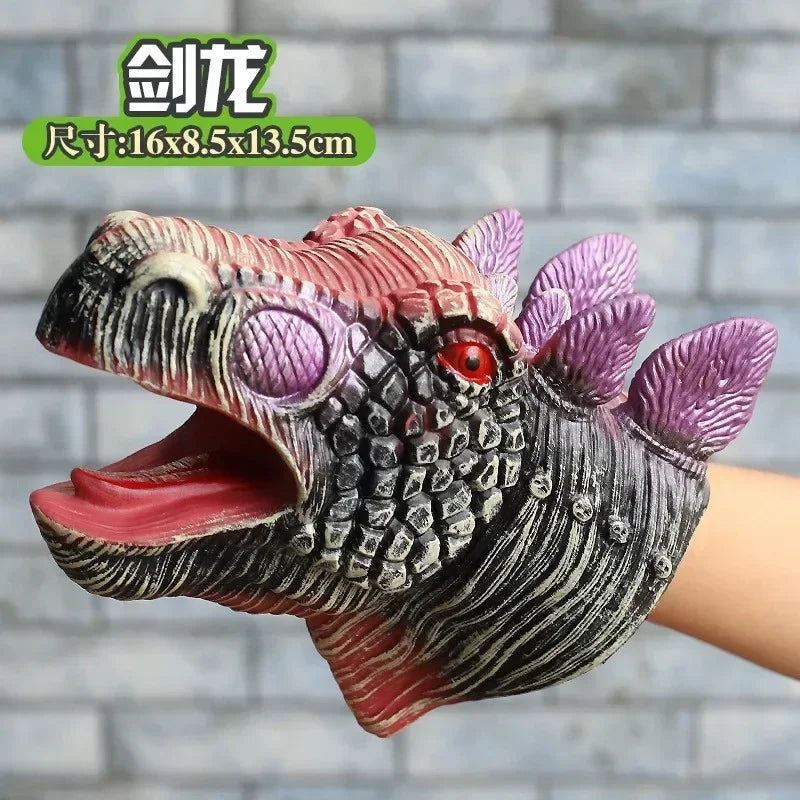 A realistic soft toy hand puppet of a Tyrannosaurus Rex dinosaur head with purple and gray scales.